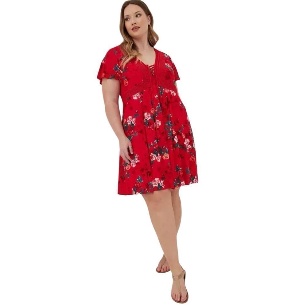 Torrid red floral gauze lace up skater dress size 3X